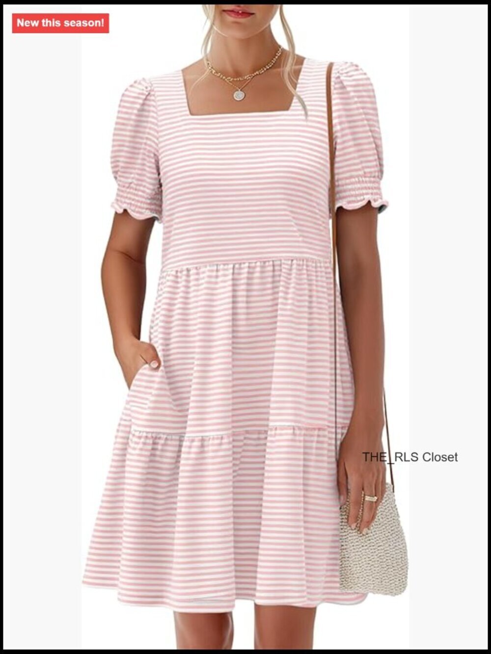 Rayon Polyester Elastane Square Neck Puff Sleeve Mini Dress with Pockets